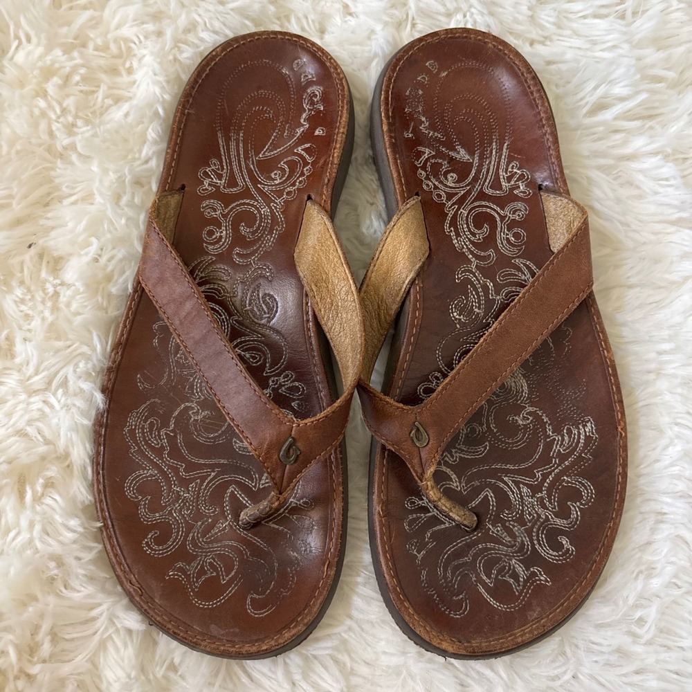 Olukai Paniolo Leather Flip Flop Sandals Brown Etched Women 8 20129-4040